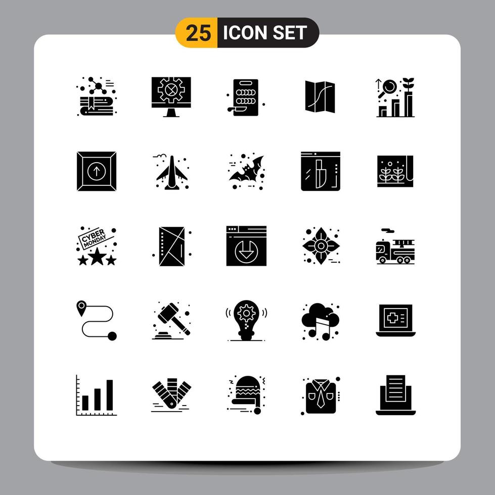 Mobile Interface Solid Glyph Set of 25 Pictograms of graph research board pin location Editable Vector Design Elements