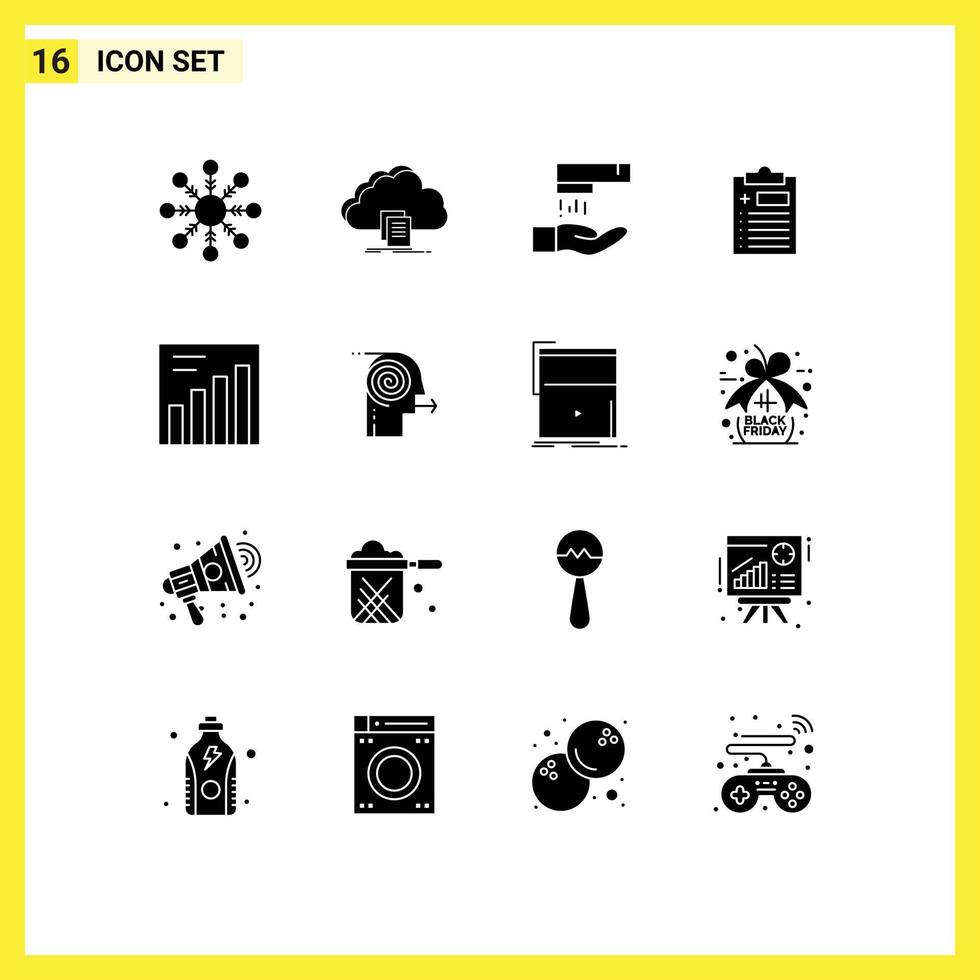 16 Thematic Vector Solid Glyphs and Editable Symbols of focusing solutions analytics hand wash medicine clipboard Editable Vector Design Elements