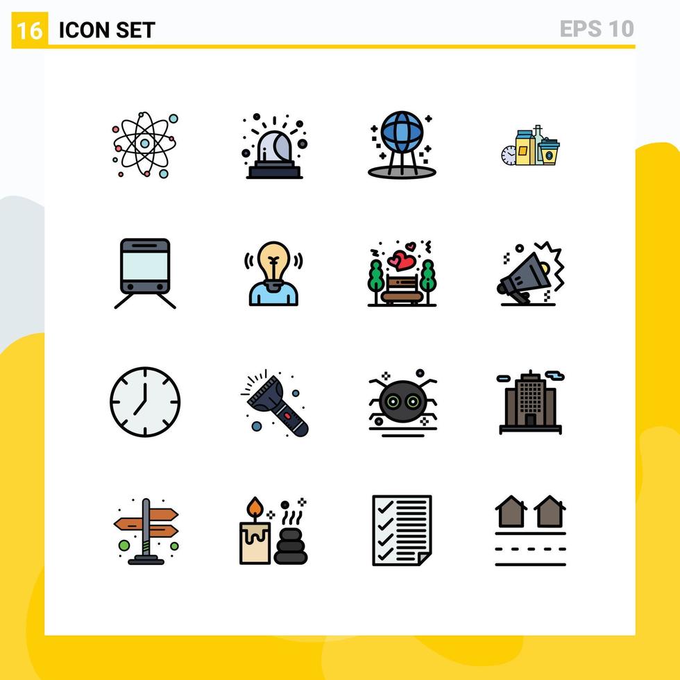 User Interface Pack of 16 Basic Flat Color Filled Lines of train coffee earth items items Editable Creative Vector Design Elements