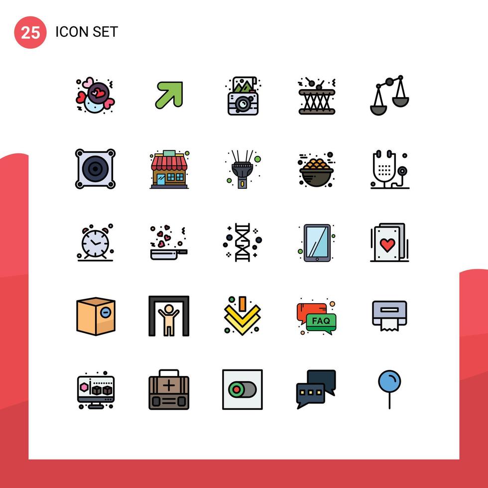 Group of 25 Modern Filled line Flat Colors Set for balance instrument camera multimedia drum Editable Vector Design Elements