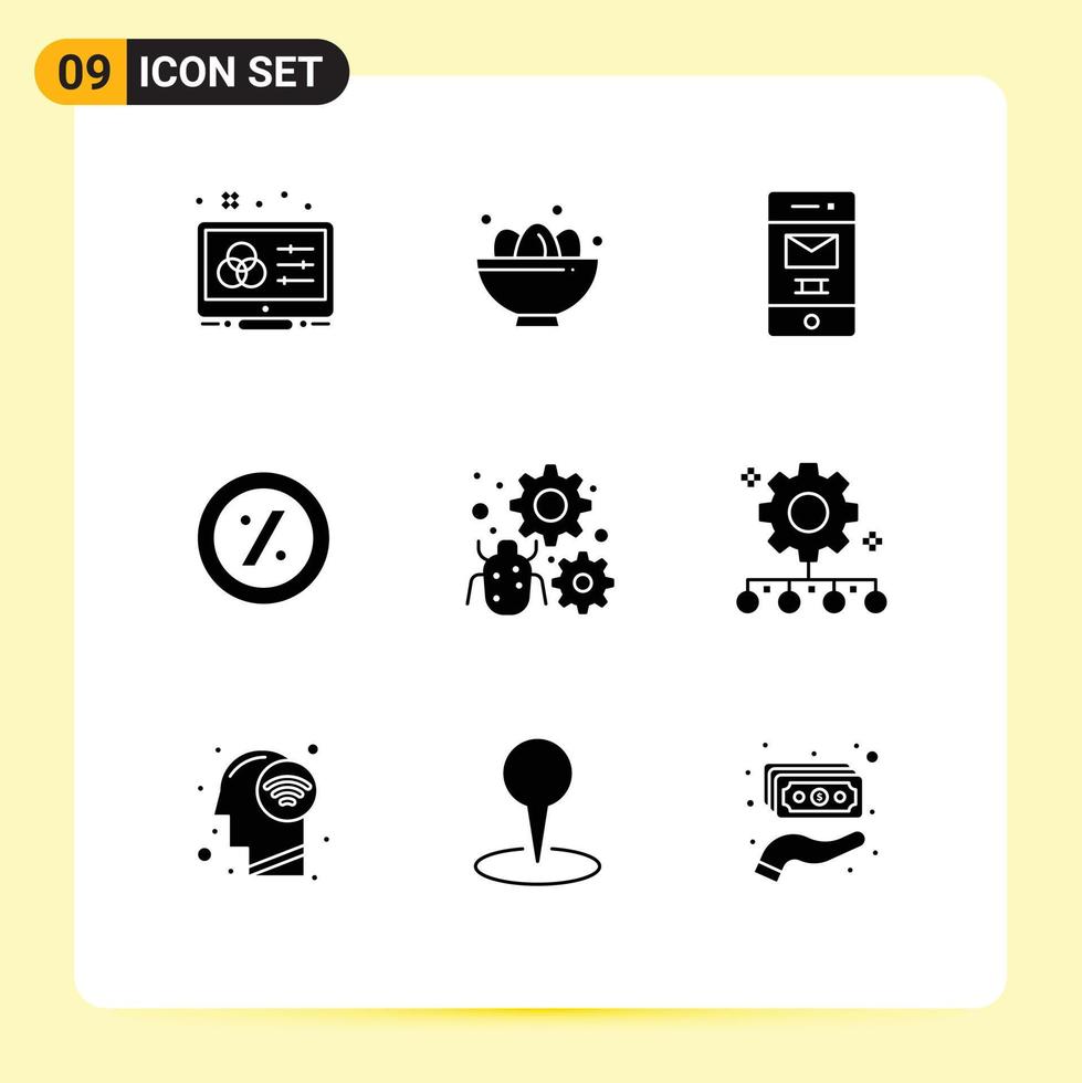 Set of 9 Commercial Solid Glyphs pack for configure percent egg ecommerce message Editable Vector Design Elements