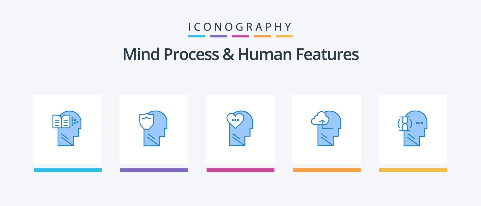 Mind Process And Human Features Blue 5 Icon Pack Including wait. mind. data. gain. head. Creative Icons Design vector