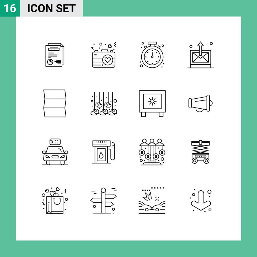 Outline Pack of 16 Universal Symbols of location sent alarm mail time Editable Vector Design Elements