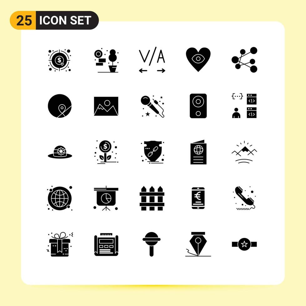 Mobile Interface Solid Glyph Set of 25 Pictograms of map share kerning link love Editable Vector Design Elements