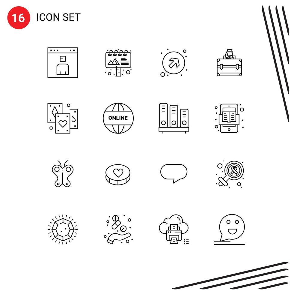 Editable Vector Line Pack of 16 Simple Outlines of entertainment bag arrow case money Editable Vector Design Elements