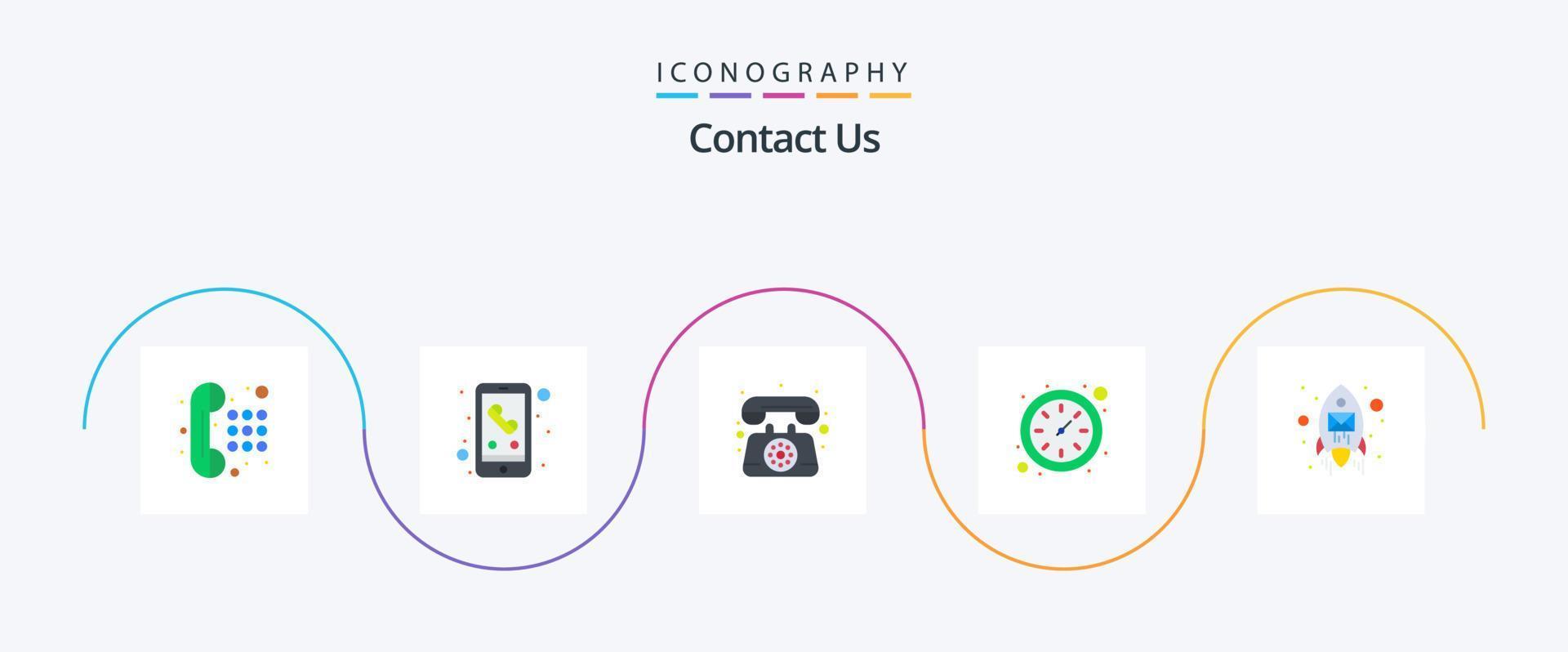 Contact Us Flat 5 Icon Pack Including rocket. email. communication. watch. clock vector