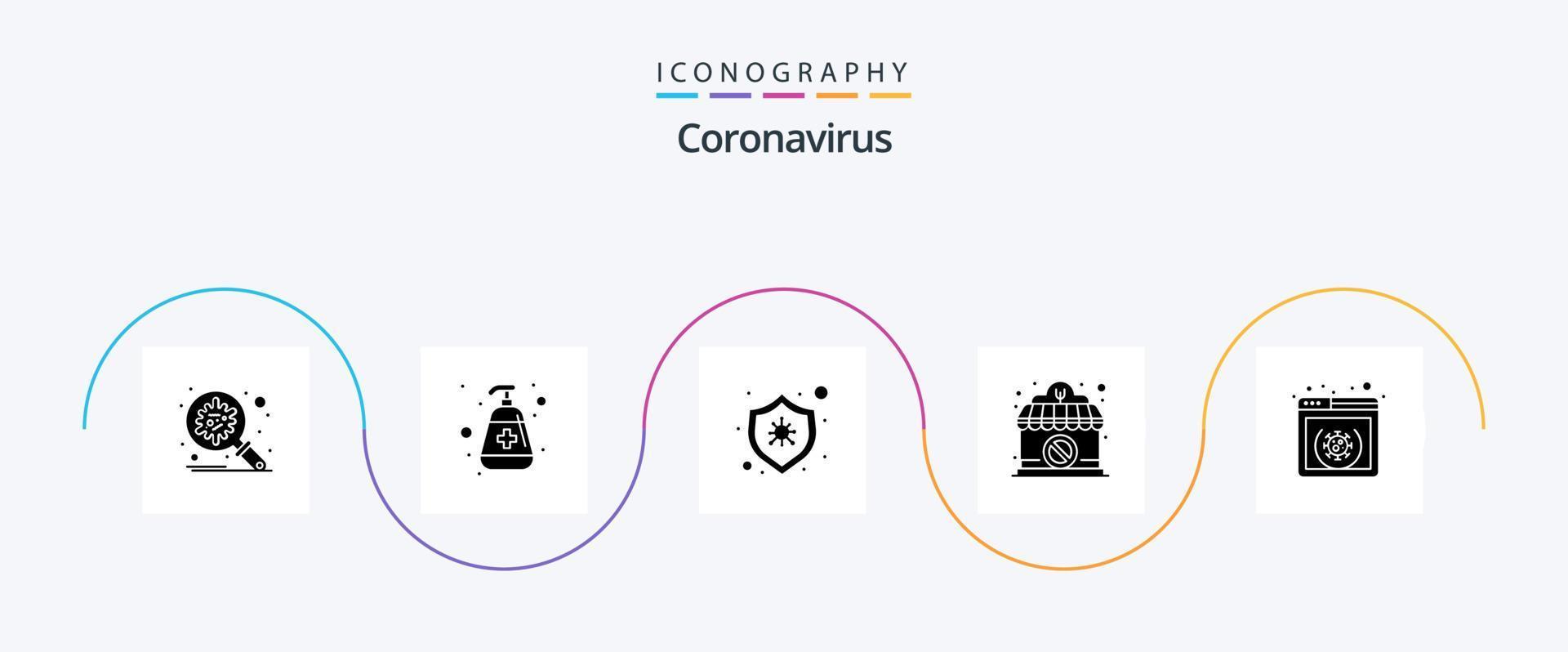 Coronavirus Glyph 5 Icon Pack Including banned. shop. virus protection. closed. virus vector