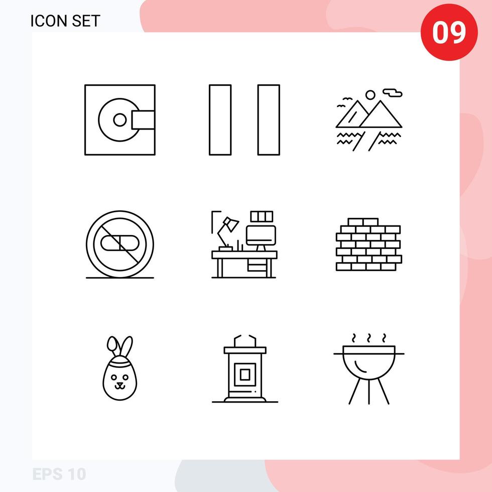 Pictogram Set of 9 Simple Outlines of computer designer mountain table hospital Editable Vector Design Elements