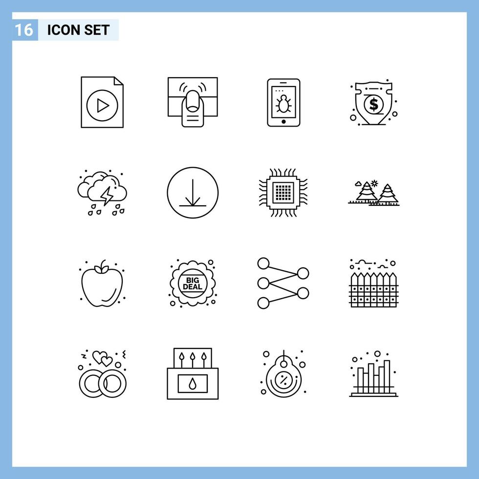 Modern Set of 16 Outlines and symbols such as rain cloud mobile money insurance Editable Vector Design Elements