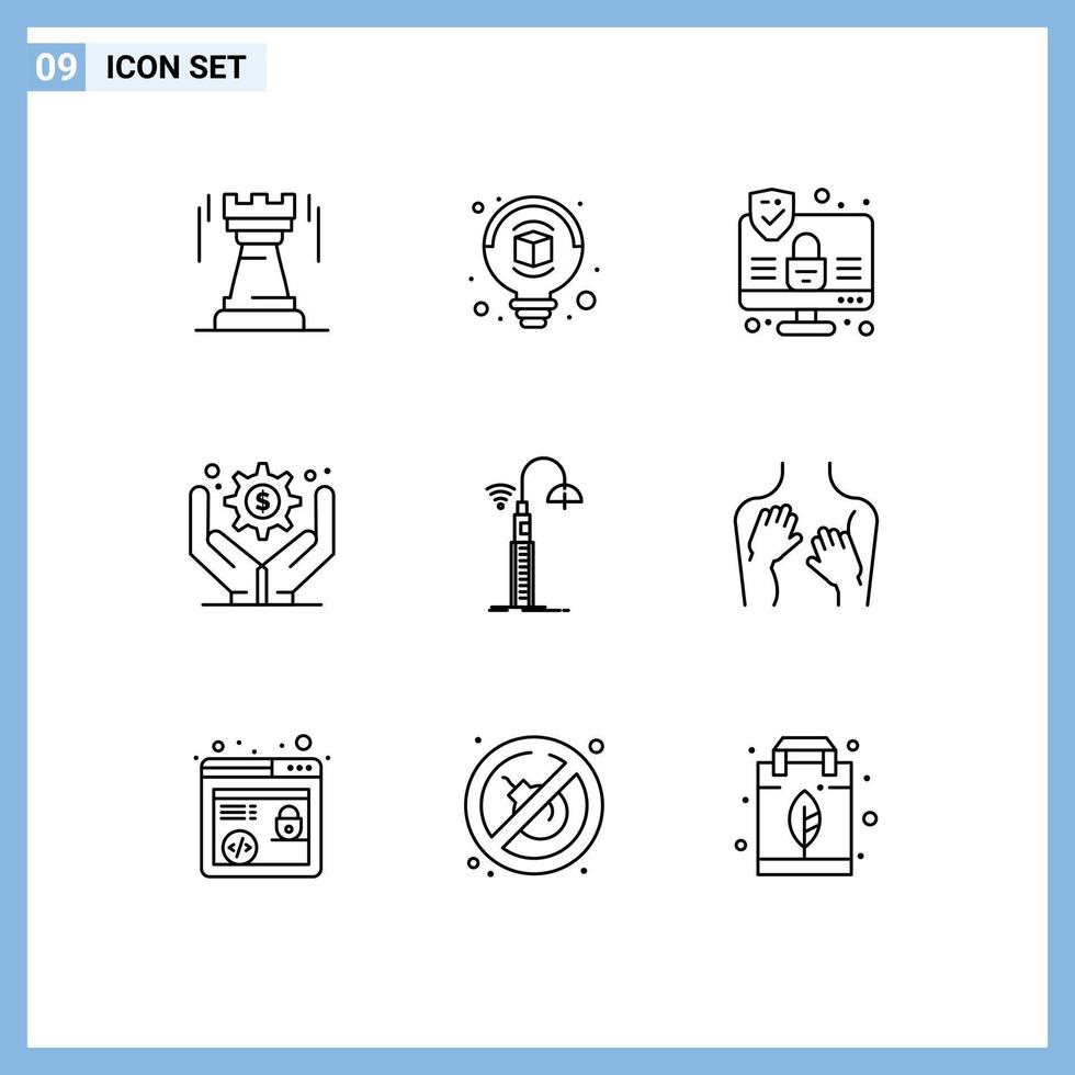Editable Vector Line Pack of 9 Simple Outlines of smart street computer lights business management Editable Vector Design Elements