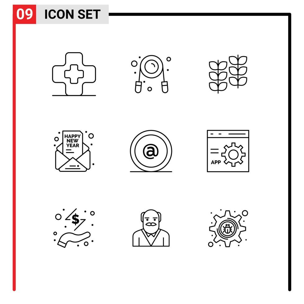 moderno conjunto de 9 9 contornos y símbolos tal como correo electrónico fiesta leafe nuevo año invitación editable vector diseño elementos