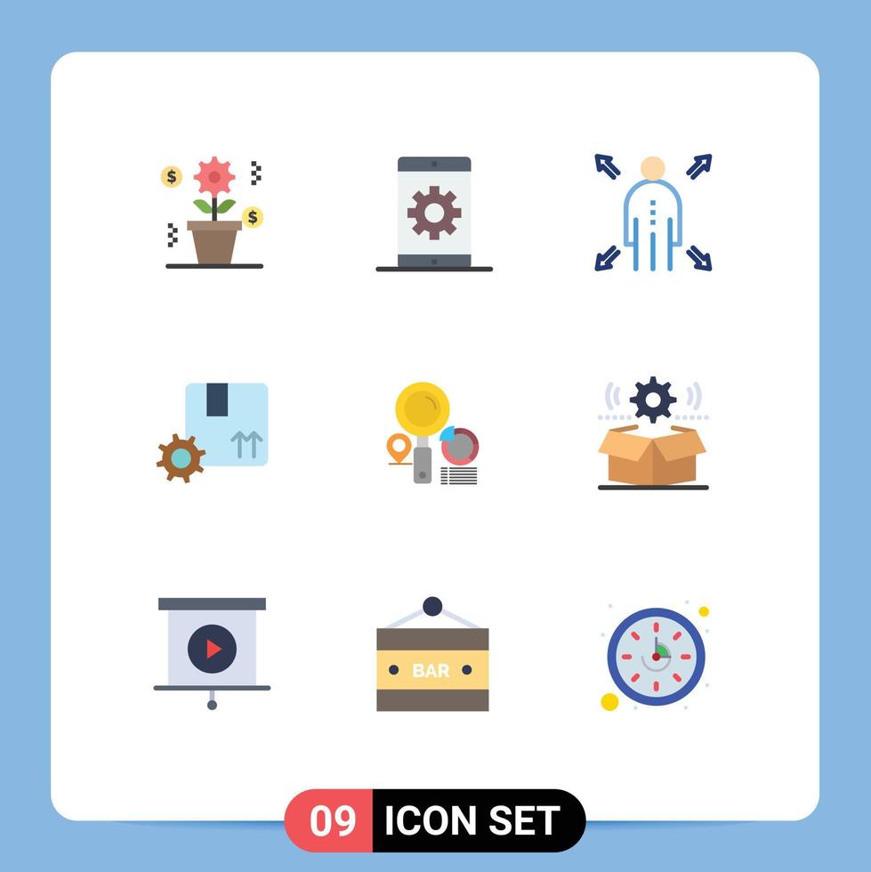 Universal Icon Symbols Group of 9 Modern Flat Colors of location gear search premium quality branding Editable Vector Design Elements
