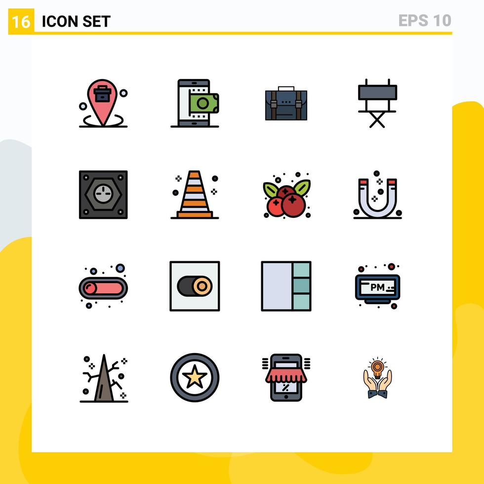 Universal Icon Symbols Group of 16 Modern Flat Color Filled Lines of chair portfolio shopping marketing case Editable Creative Vector Design Elements