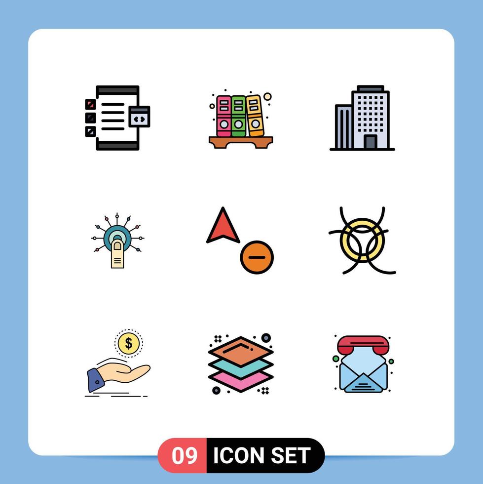 User Interface Pack of 9 Basic Filledline Flat Colors of copy touch here building done click Editable Vector Design Elements