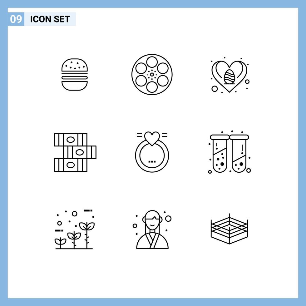 Mobile Interface Outline Set of 9 Pictograms of merraige library tape education love Editable Vector Design Elements