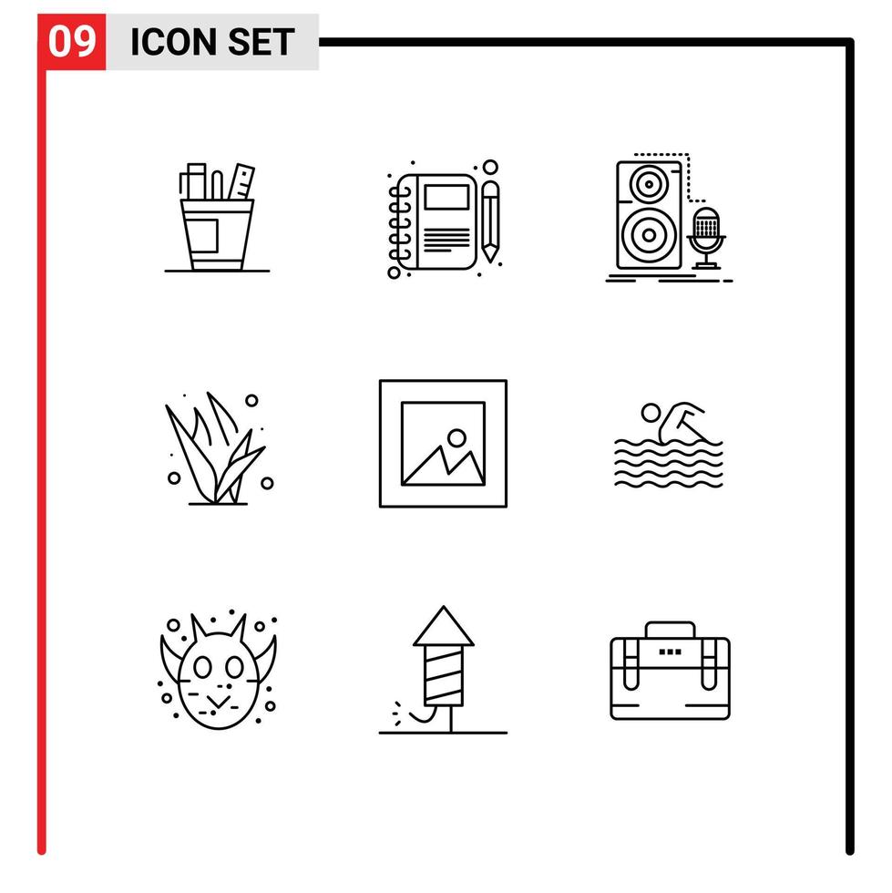 Pictogram Set of 9 Simple Outlines of grass record moleskin microphone live Editable Vector Design Elements