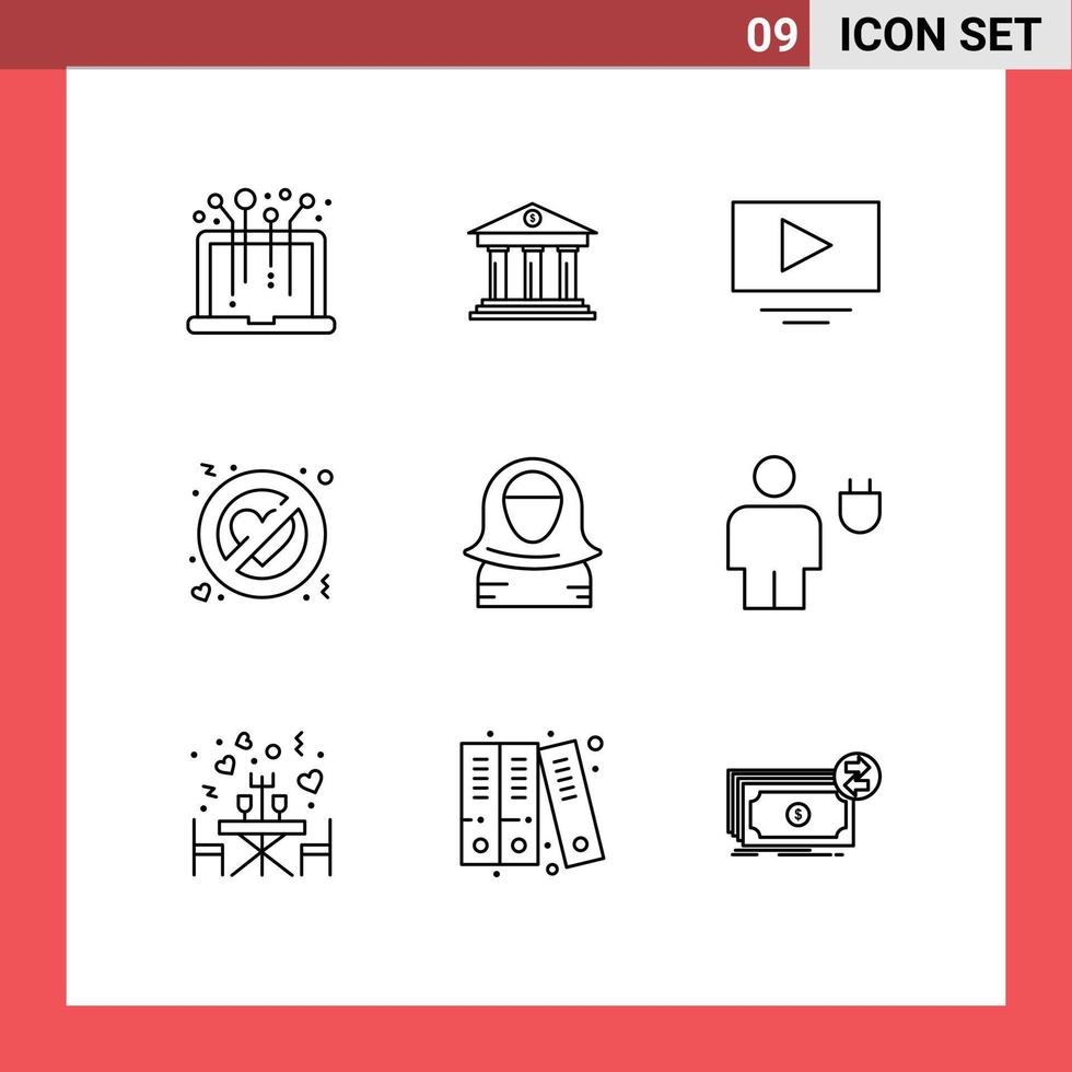 9 User Interface Outline Pack of modern Signs and Symbols of avatar forbidden money romance adultery Editable Vector Design Elements