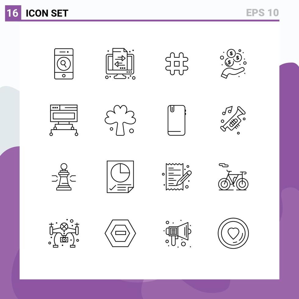 Group of 16 Outlines Signs and Symbols for data computer follow revenue income Editable Vector Design Elements