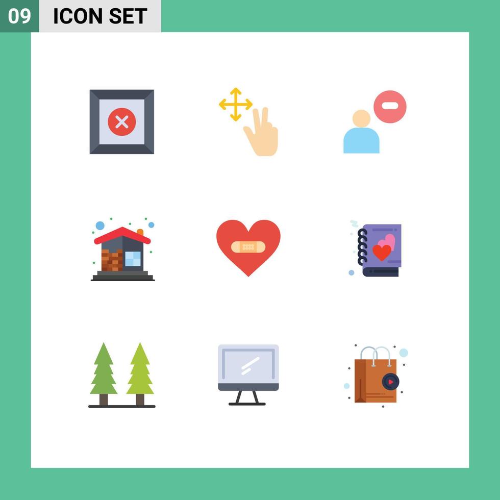 User Interface Pack of 9 Basic Flat Colors of heart hurt user wall construction Editable Vector Design Elements