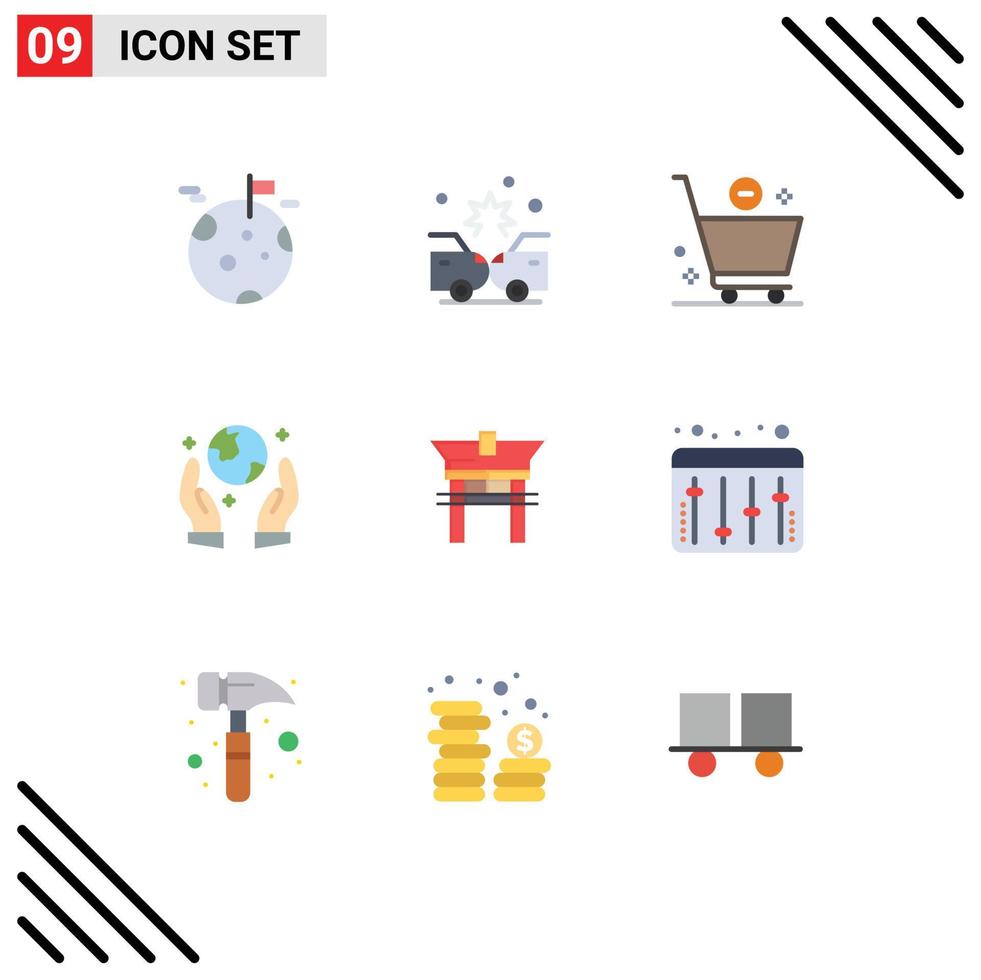 Pack of 9 Modern Flat Colors Signs and Symbols for Web Print Media such as china gate cart guarder earth saving Editable Vector Design Elements