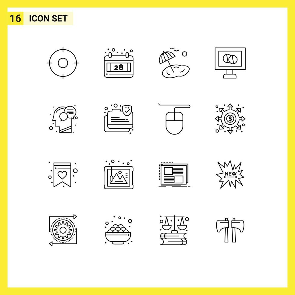 16 Universal Outlines Set for Web and Mobile Applications mind head palm communication medicine Editable Vector Design Elements