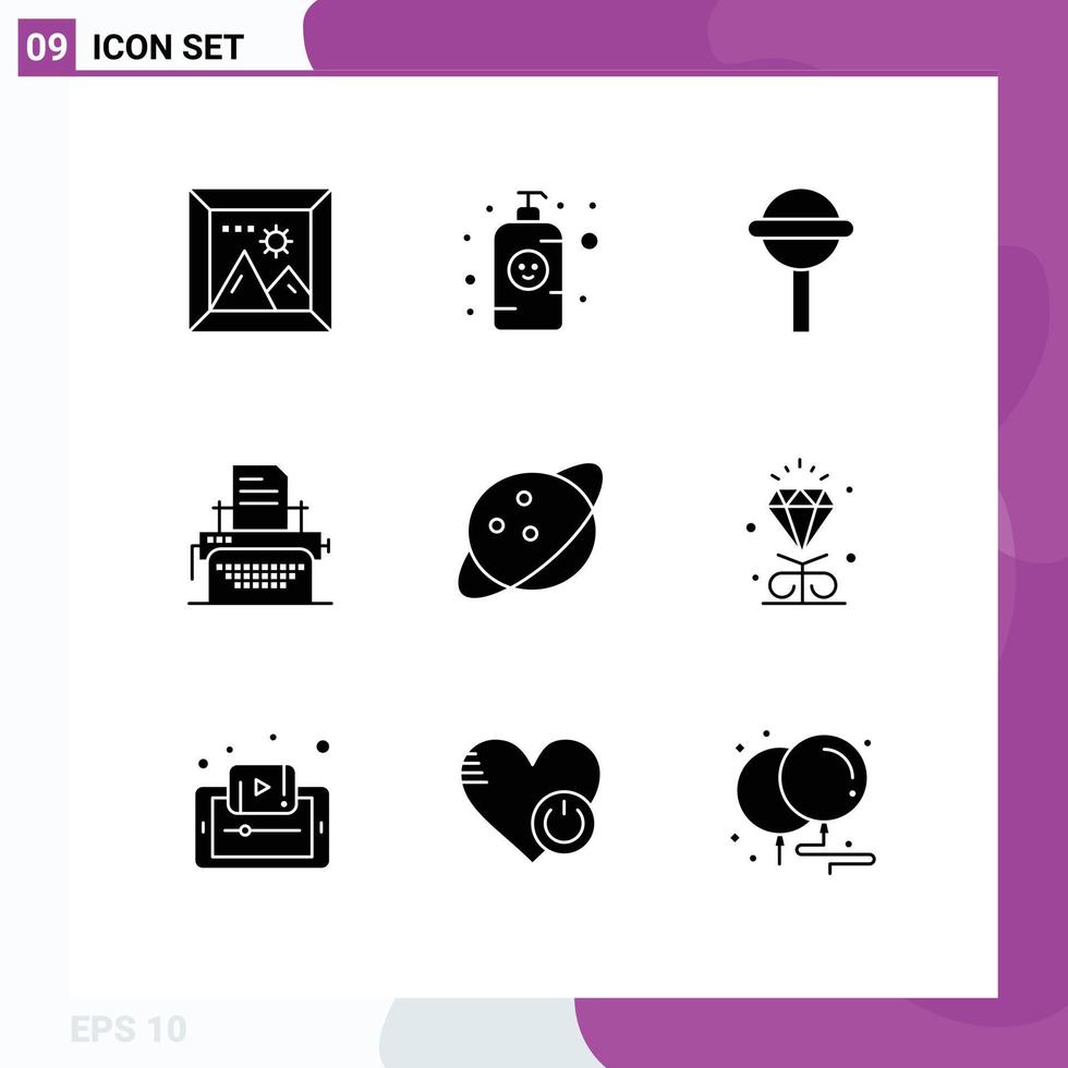 Group of 9 Modern Solid Glyphs Set for space planet candy machine fax Editable Vector Design Elements