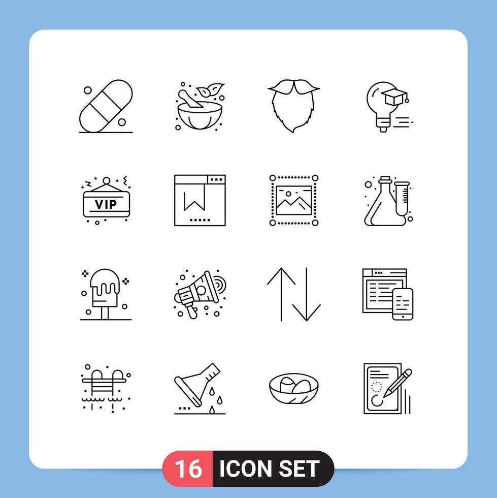 Pictogram Set of 16 Simple Outlines of night vip movember graduation cap Editable Vector Design Elements