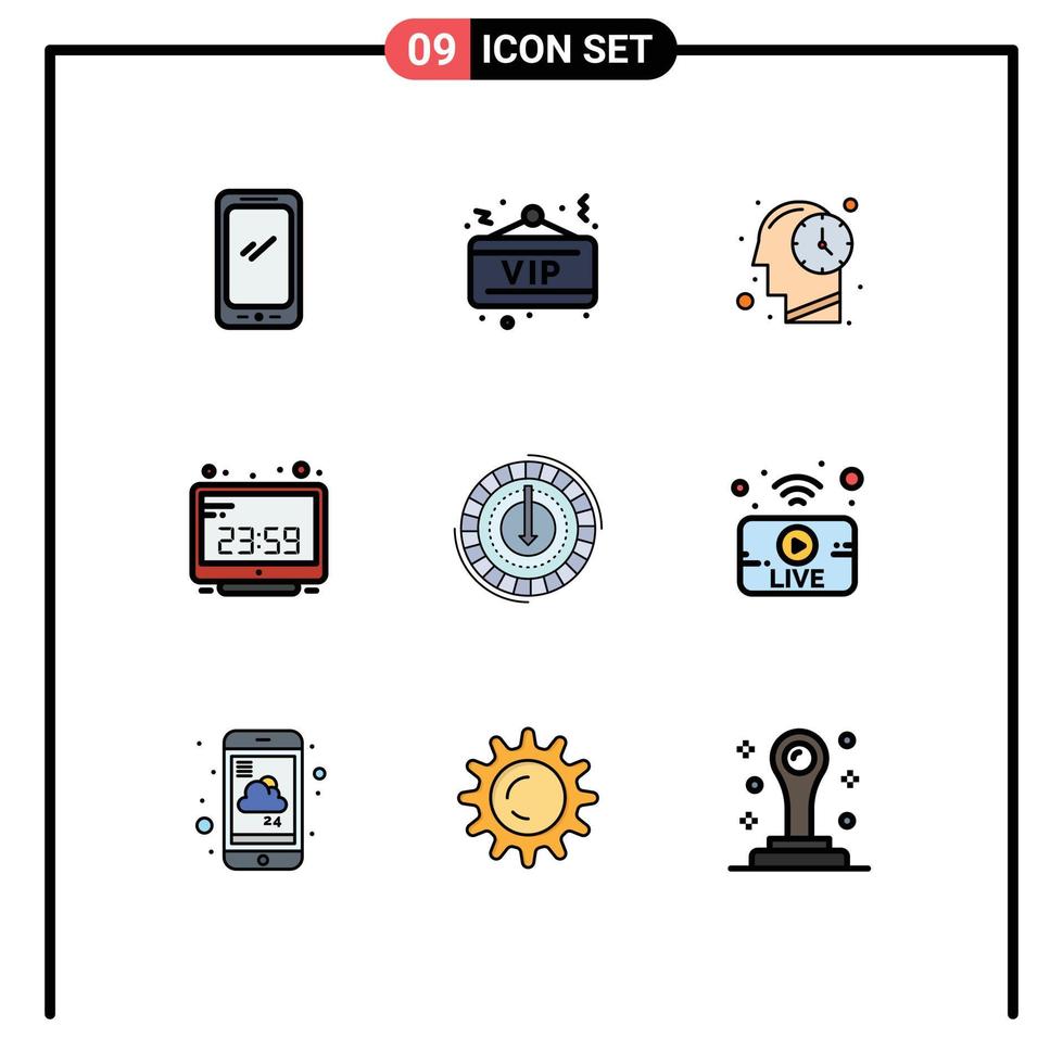 Filledline Flat Color Pack of 9 Universal Symbols of consumption computer time party computer clock clock Editable Vector Design Elements