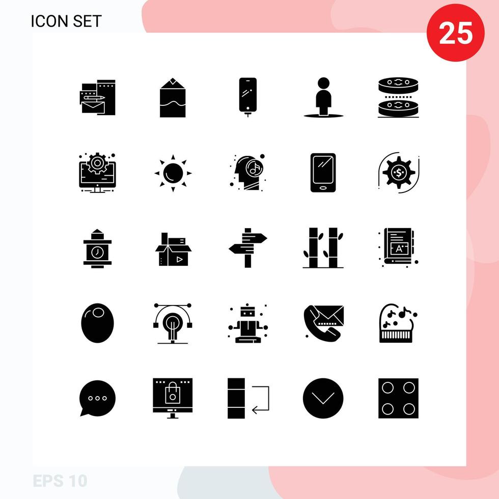User Interface Pack of 25 Basic Solid Glyphs of laboratory bacteria smart phone user avatar Editable Vector Design Elements