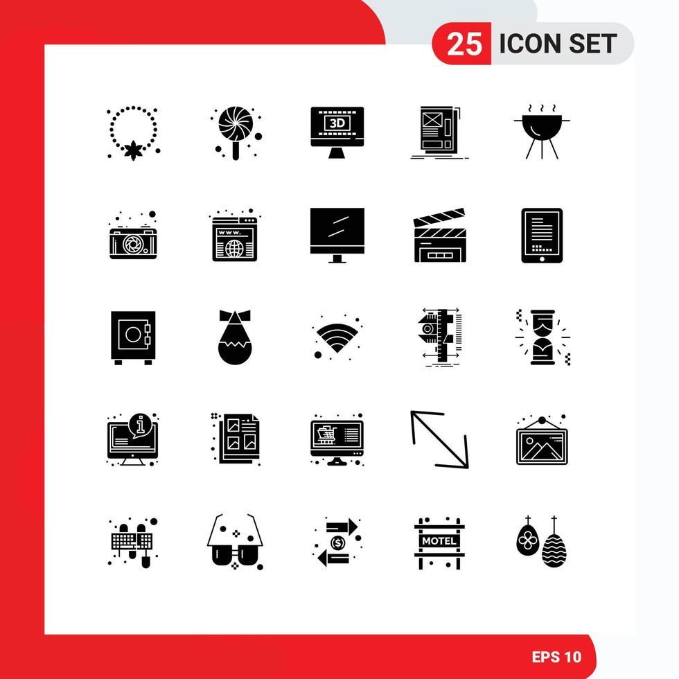 Set of 25 Vector Solid Glyphs on Grid for barbecue layout cinema web wire Editable Vector Design Elements