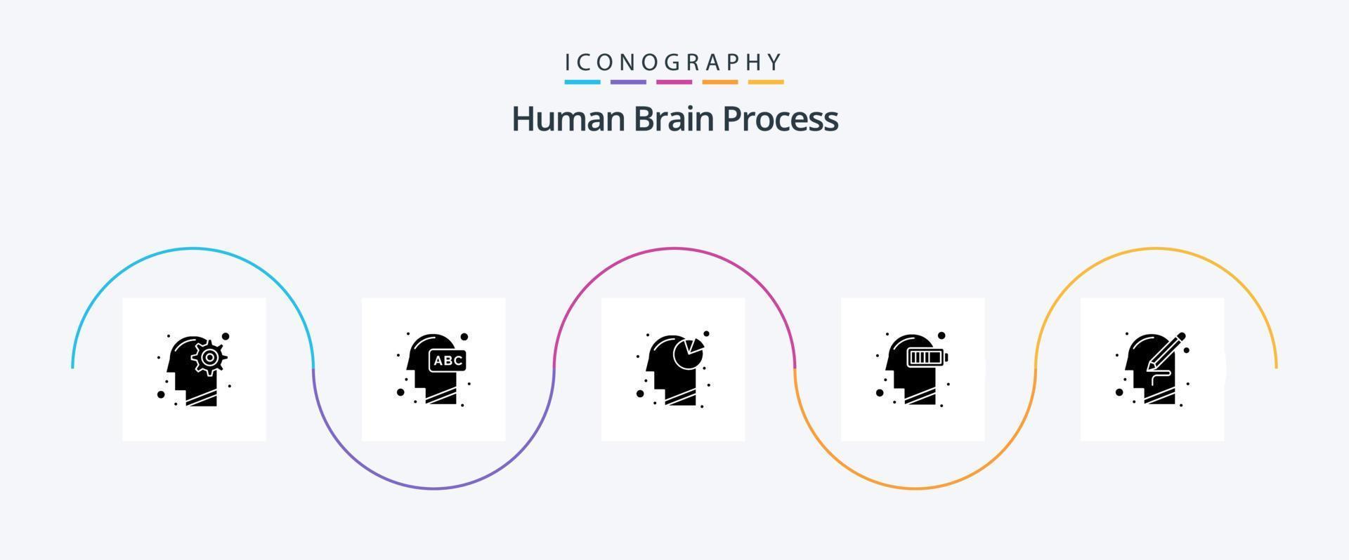Human Brain Process Glyph 5 Icon Pack Including mental. exhaustion. knowledge. battery. head vector