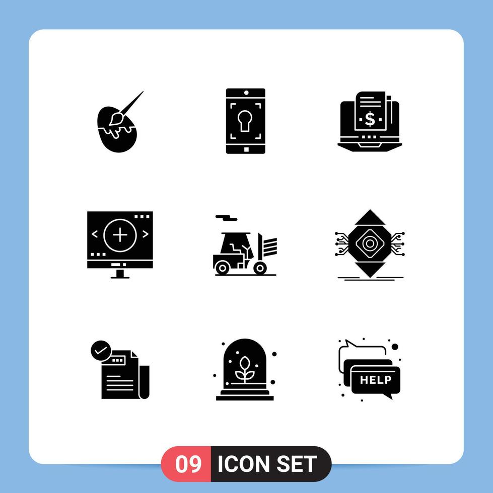Modern Set of 9 Solid Glyphs and symbols such as forklift magnifier subscription glass computer Editable Vector Design Elements