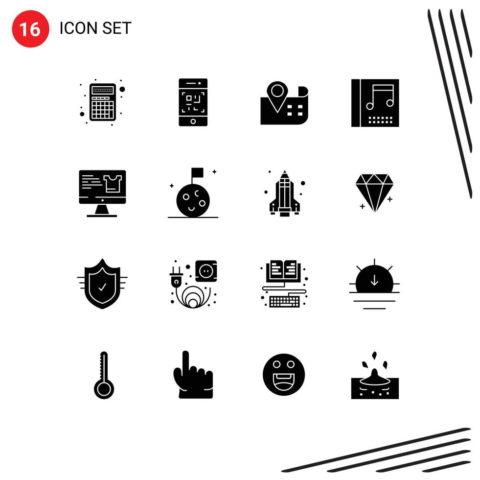 Pack of 16 Modern Solid Glyphs Signs and Symbols for Web Print Media such as shopping screen map computer media Editable Vector Design Elements