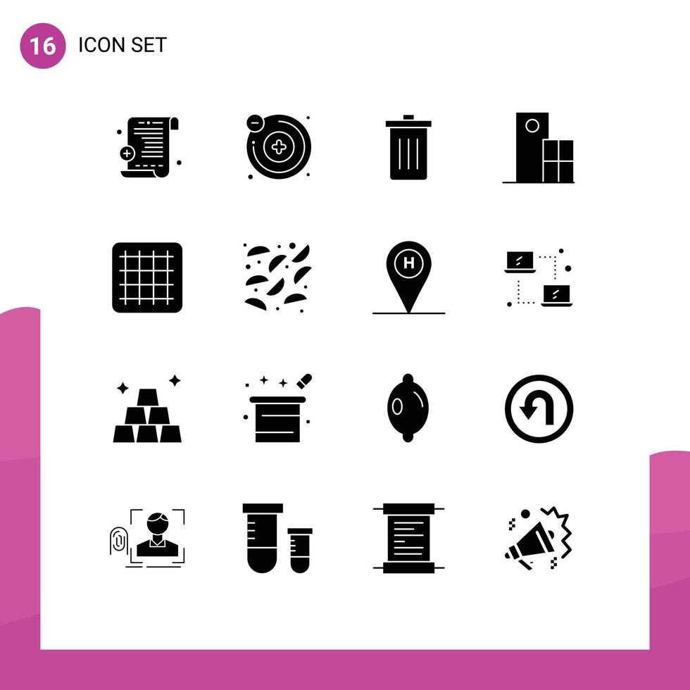 16 Thematic Vector Solid Glyphs and Editable Symbols of food gird garbage structure clock Editable Vector Design Elements