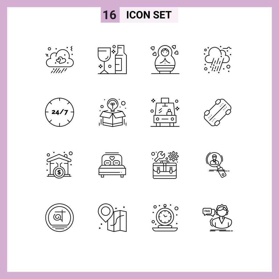 Group of 16 Outlines Signs and Symbols for help care baby all day cloud Editable Vector Design Elements