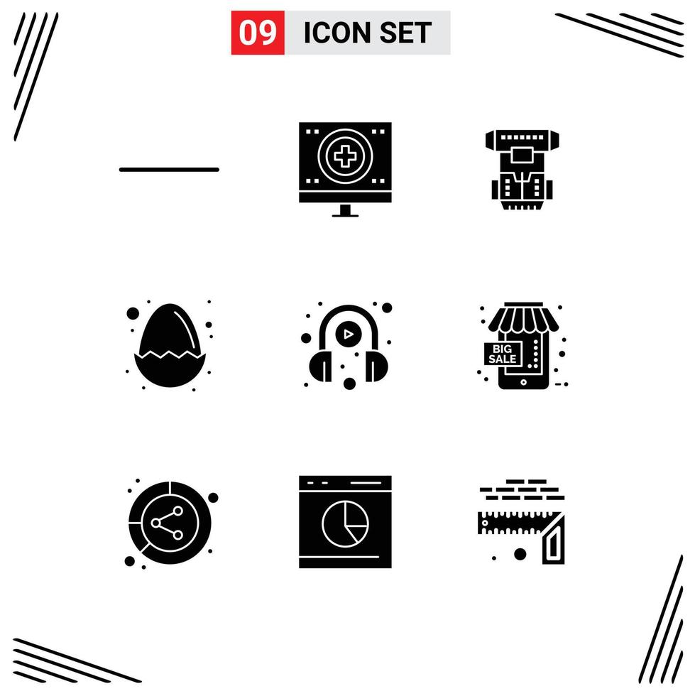 Group of 9 Modern Solid Glyphs Set for headphone nature chamber egg baby Editable Vector Design Elements