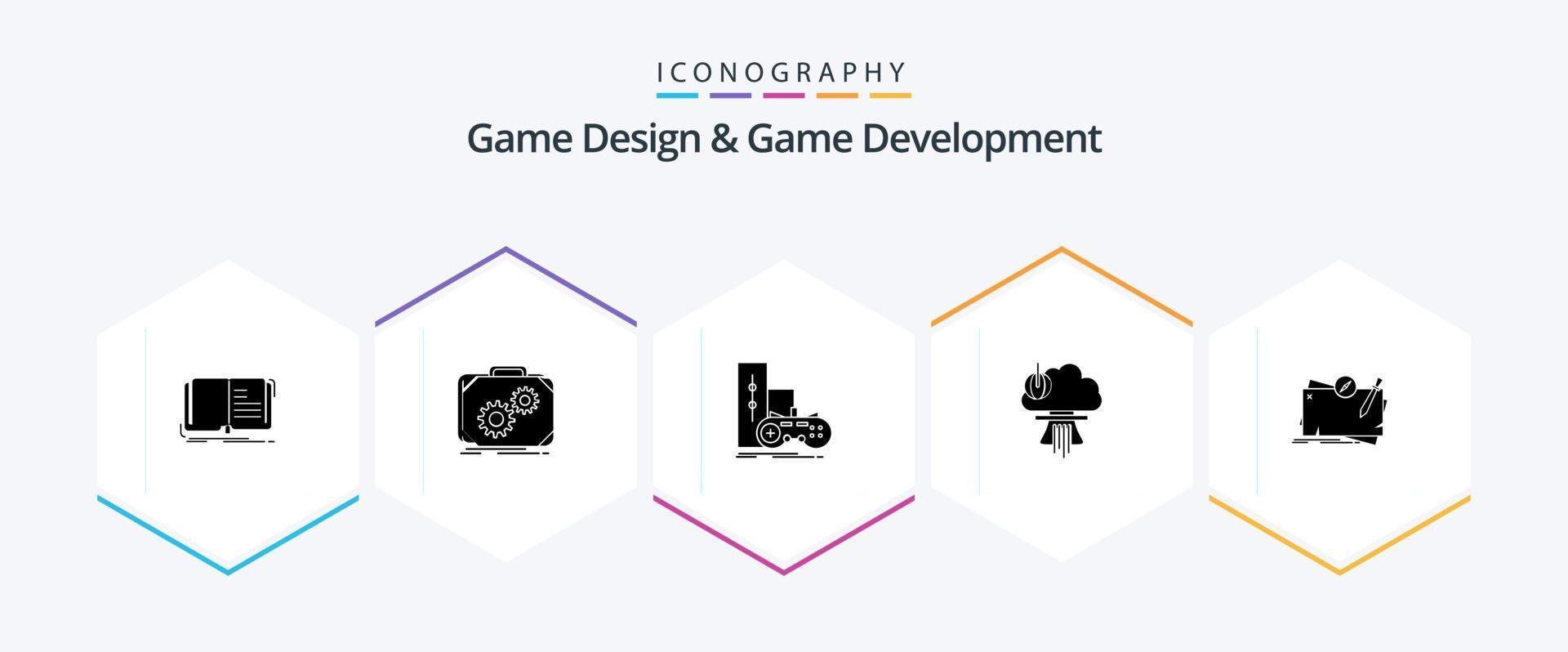 Game Design And Game Development 25 Glyph icon pack including nuclear. bomb. progress. playstation. joystick vector