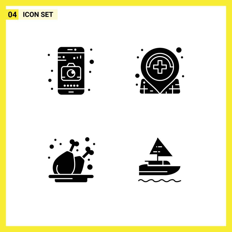 4 Thematic Vector Solid Glyphs and Editable Symbols of application meat care medical boat Editable Vector Design Elements