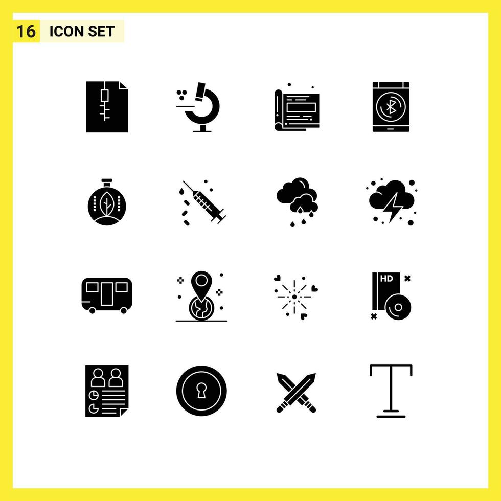 Pack of 16 creative Solid Glyphs of power innovation office green data Editable Vector Design Elements