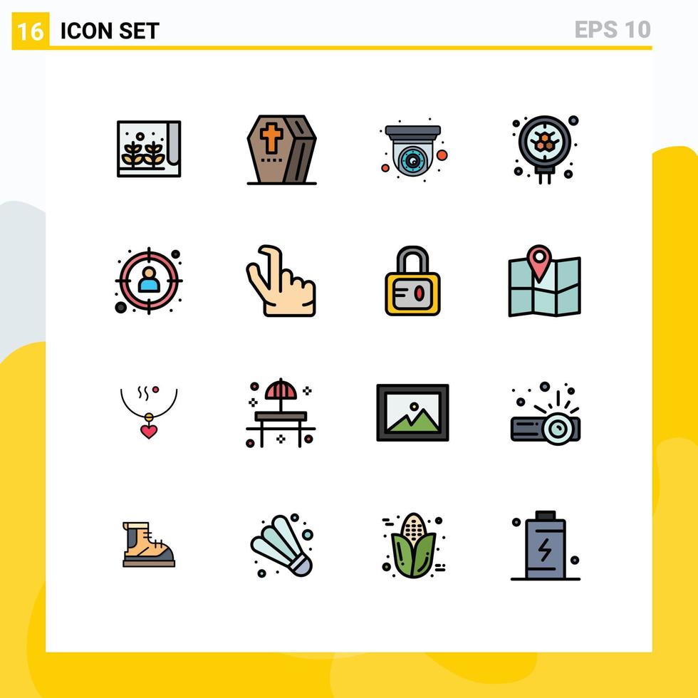 Editable Vector Line Pack of 16 Simple Flat Color Filled Lines of management science spooky molecule security camera Editable Creative Vector Design Elements