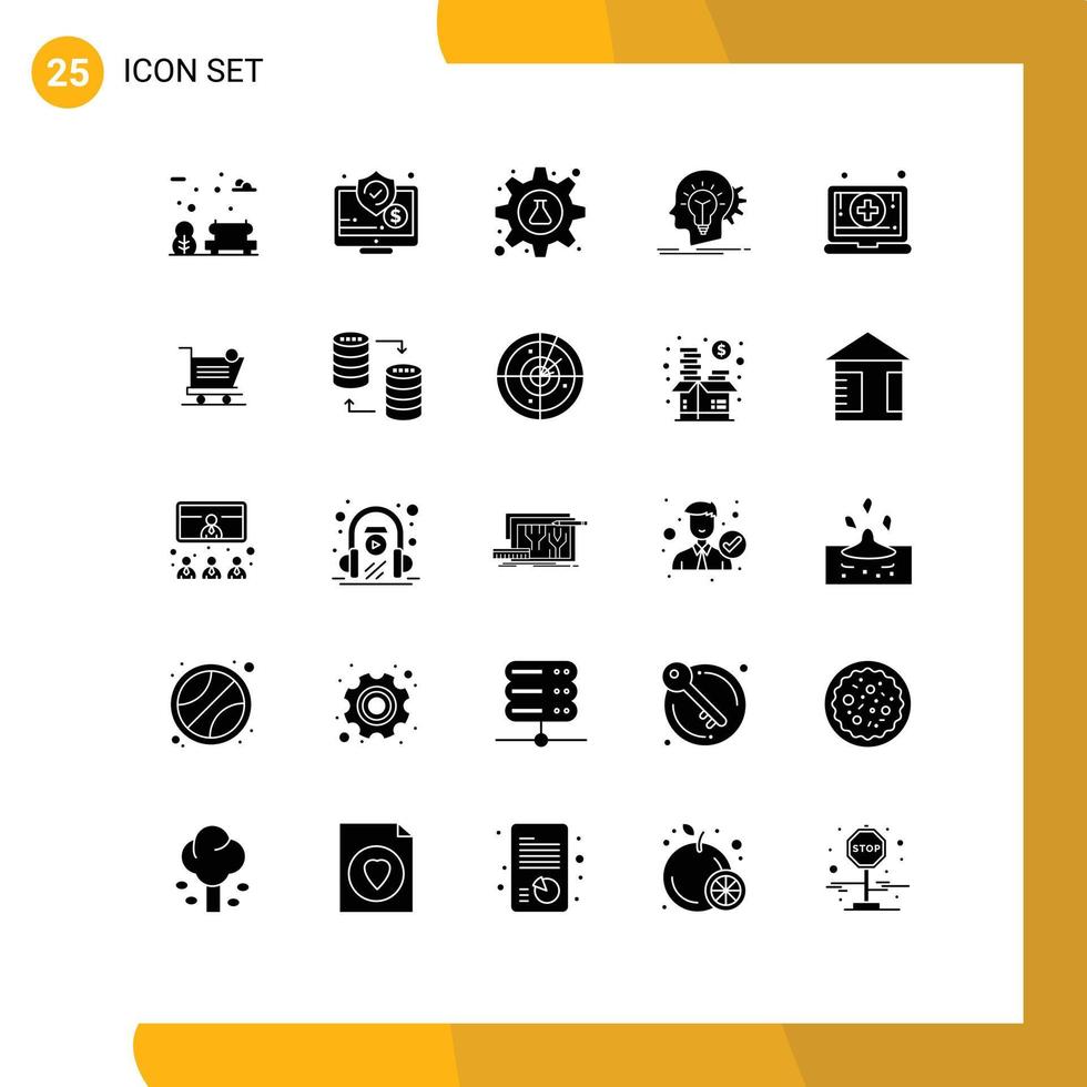 Set of 25 Vector Solid Glyphs on Grid for thinking head cog creativity tube Editable Vector Design Elements