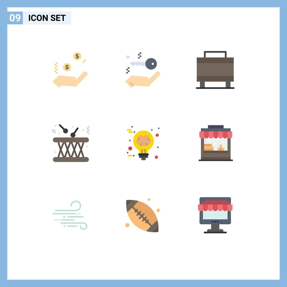 Universal Icon Symbols Group of 9 Modern Flat Colors of idea brain suitcase sound multimedia Editable Vector Design Elements
