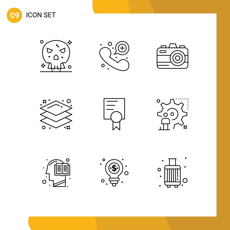 Editable Vector Line Pack of 9 Simple Outlines of setting education camera certificate layer Editable Vector Design Elements
