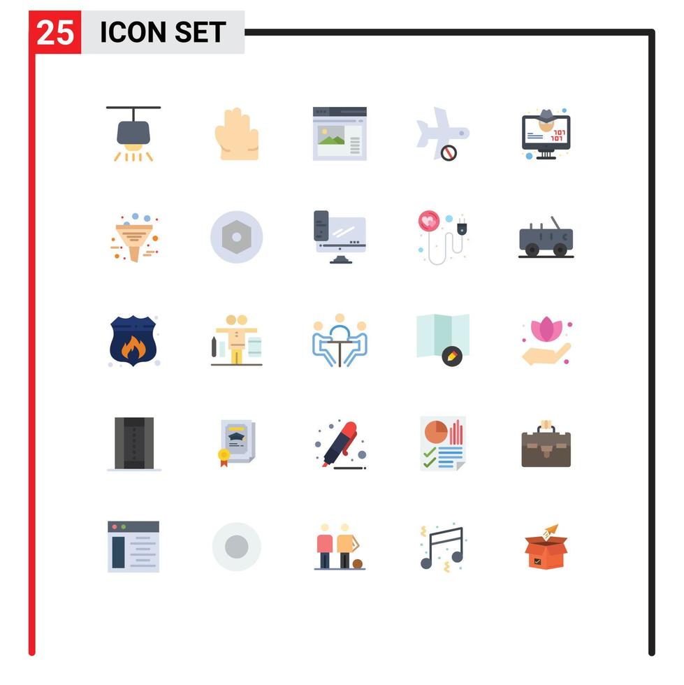 25 Universal Flat Color Signs Symbols of monitor computer website transportation plane Editable Vector Design Elements