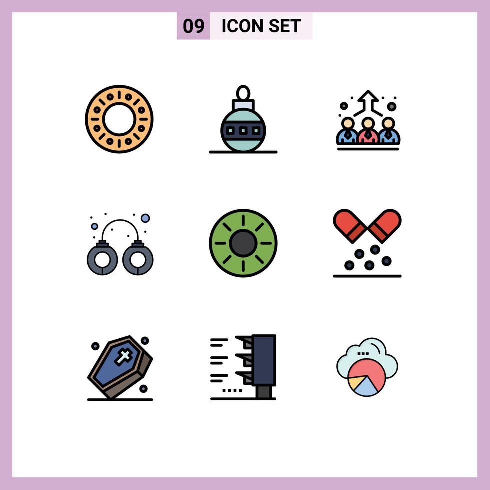 9 Thematic Vector Filledline Flat Colors and Editable Symbols of healthy fruit employee arrest handcuffs Editable Vector Design Elements
