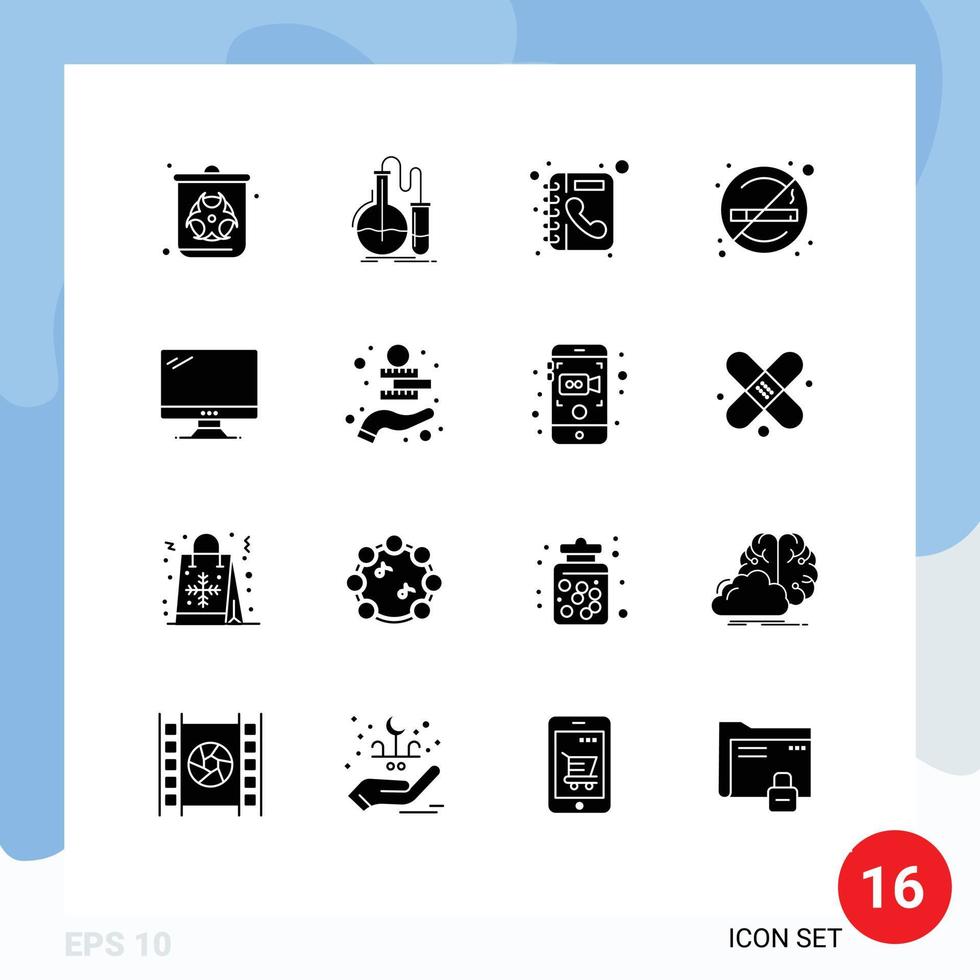 Pack of 16 creative Solid Glyphs of computer smoking test no phone book Editable Vector Design Elements
