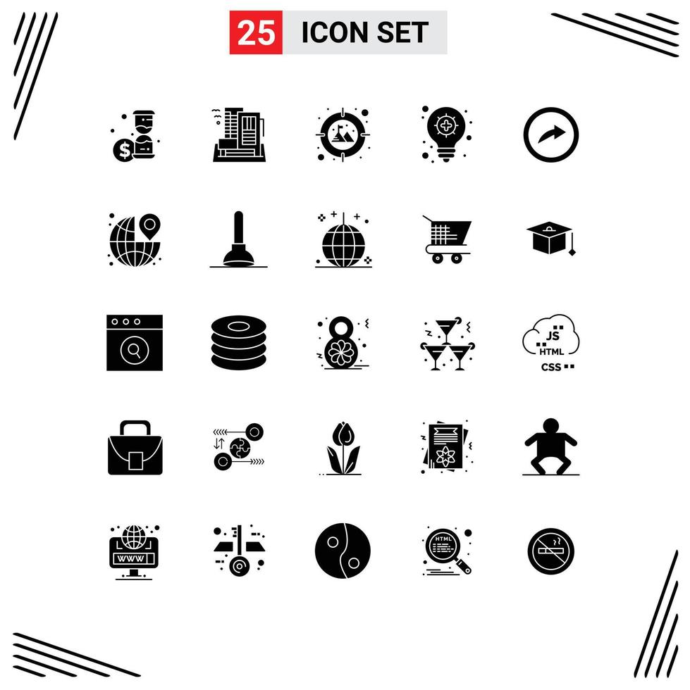 Pack of 25 Modern Solid Glyphs Signs and Symbols for Web Print Media such as around link focus export light bulb Editable Vector Design Elements