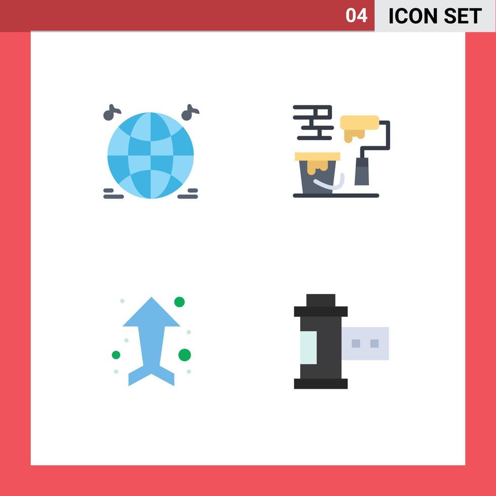 Set of 4 Vector Flat Icons on Grid for world up paint brush brush camera Editable Vector Design Elements