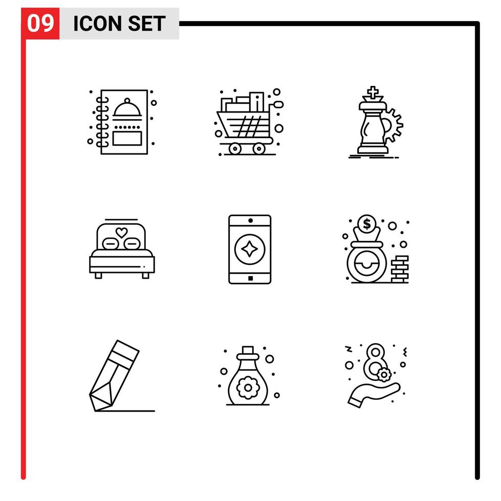 Mobile Interface Outline Set of 9 Pictograms of wedding love trolley bed knight Editable Vector Design Elements