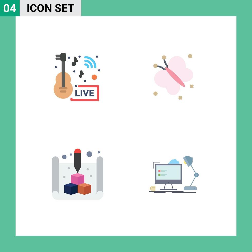 Set of 4 Modern UI Icons Symbols Signs for music news blue live fly print Editable Vector Design Elements